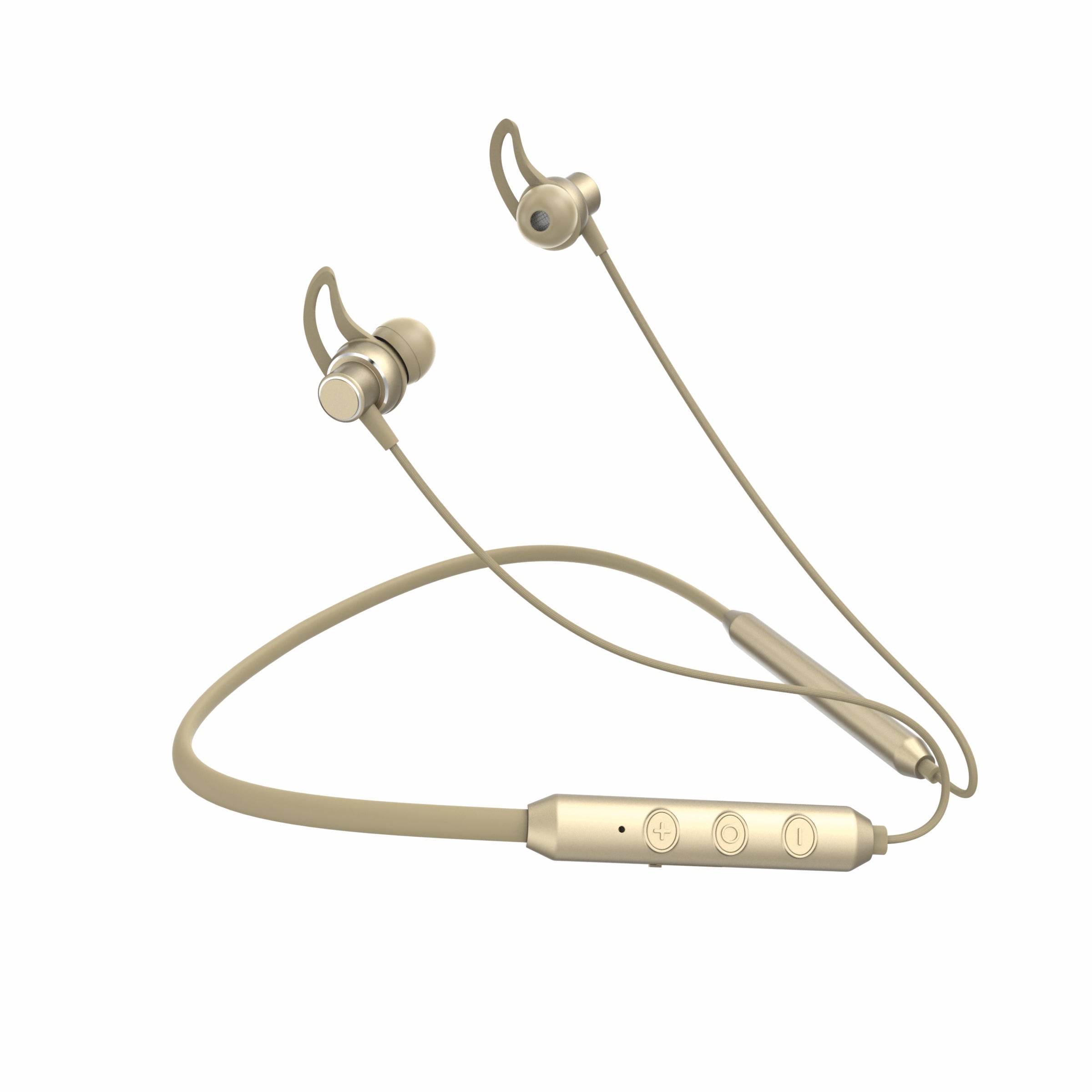 Beige wireless earbuds with a charging cable