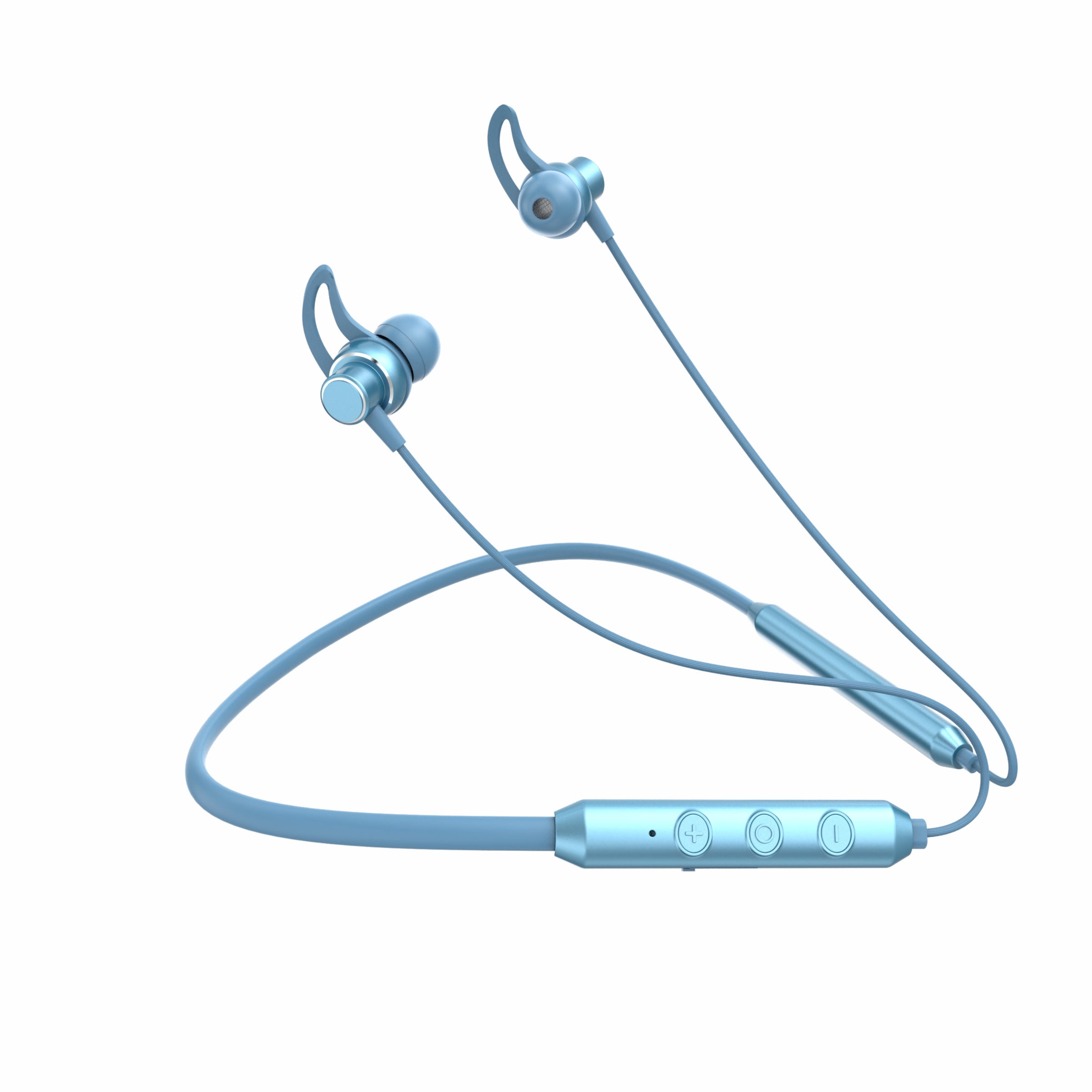Blue wireless earbuds with a neckband