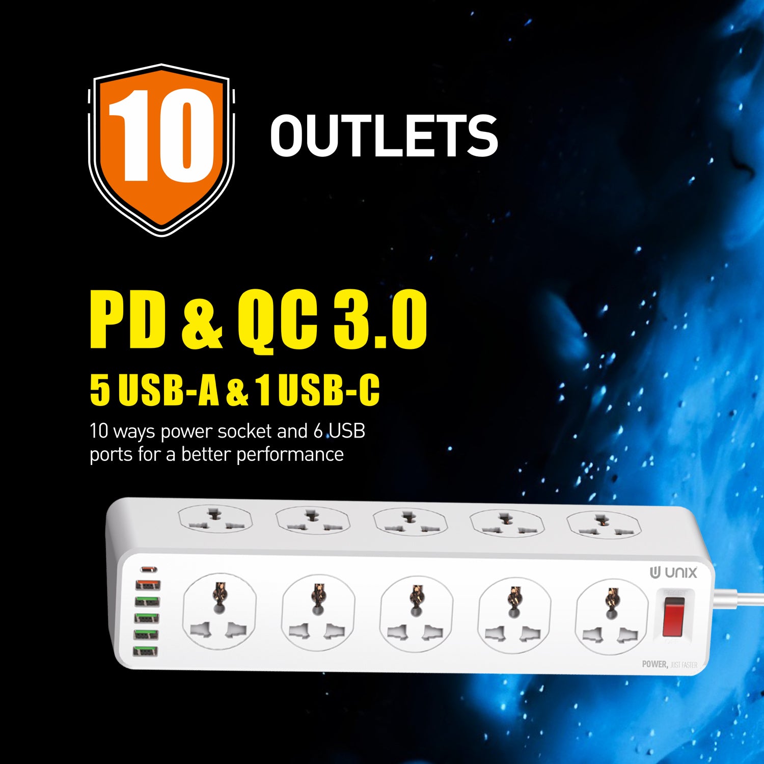 UNIX UX-222 | 10 USB Port + Power Socket Charging Hub with QC & PD Ports | BIS Approved