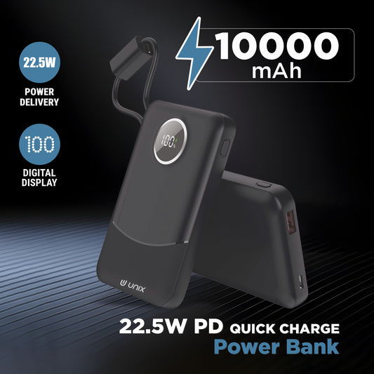 UNIX UX-1519 10000mAh Power Bank | 22.5W PD Fast Charging with Type-C & Lightning Cables, Digital Display & Smart Chip Protection