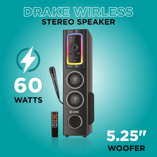 Unix Drake 60W Wireless Party Speaker – RGB Lights, Bass Control & Mic Support