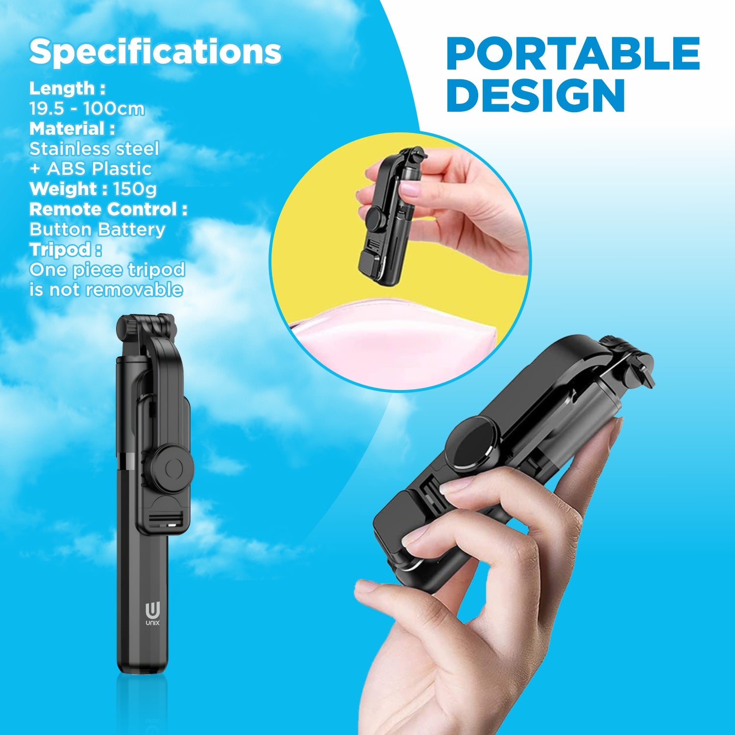 UNIX UX-SF01 ClickStick – 360° Rotating Selfie Stick with Tripod & Remote