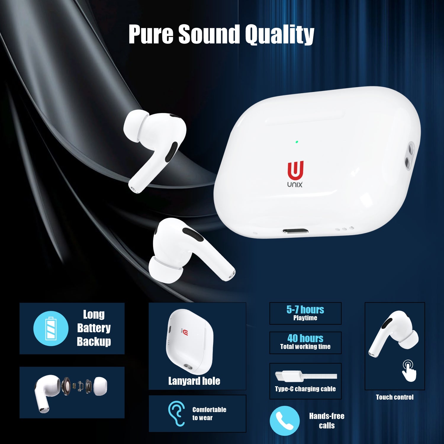 Unix UX-999 Pro 2 Wireless Earbuds - Premium Sound and Touch Control