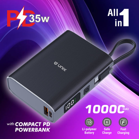 UNIX UX-1515 10000mAh Power Bank – Compact PD Fast Charging with Digital Display