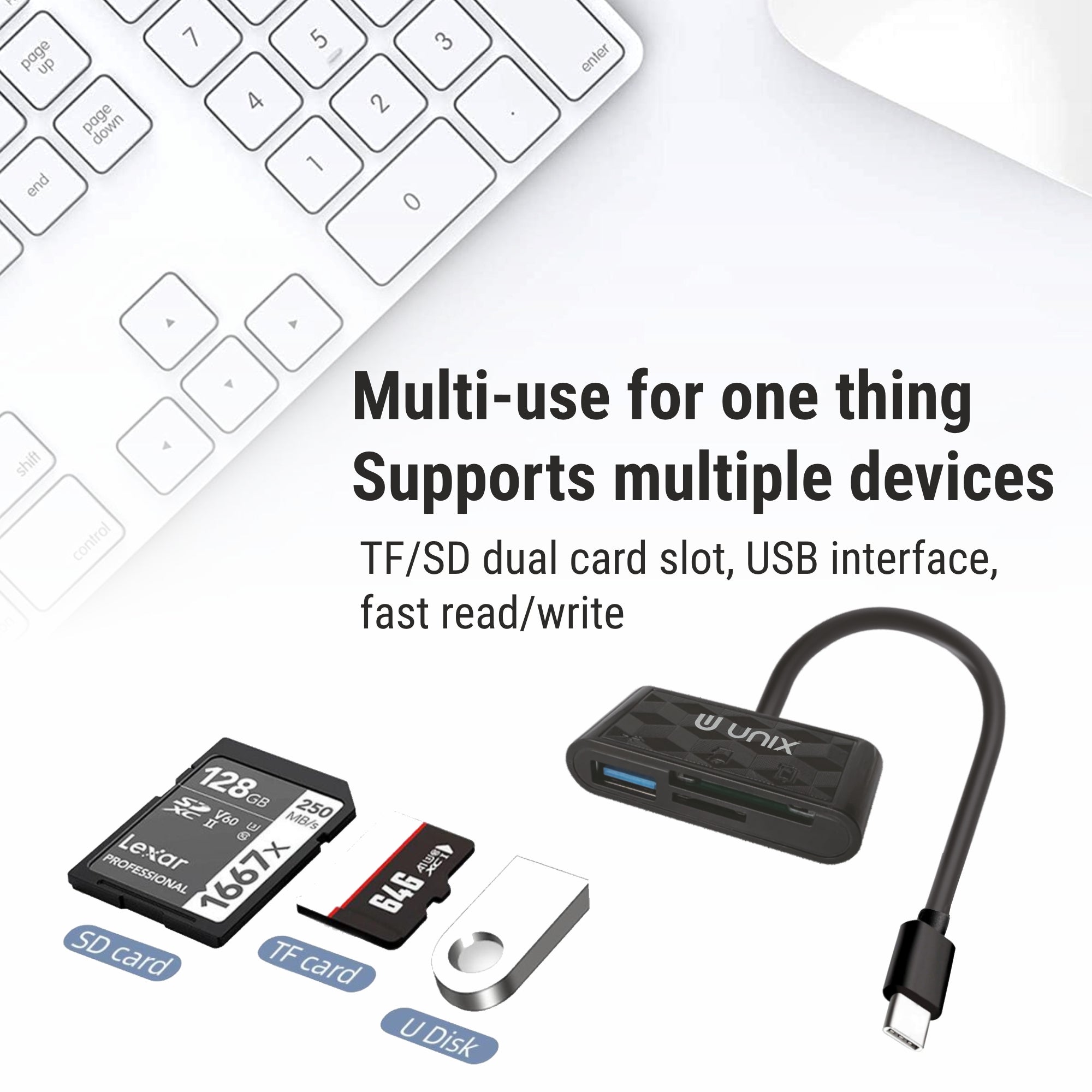 UNIX OCR 11 Type-C OTG Card Reader | Dual Slot SD/Micro SD + USB Adapter