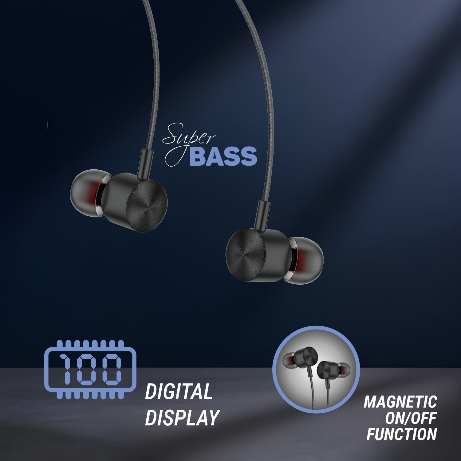 wireless neckband with digital display and magnetic on/off function features