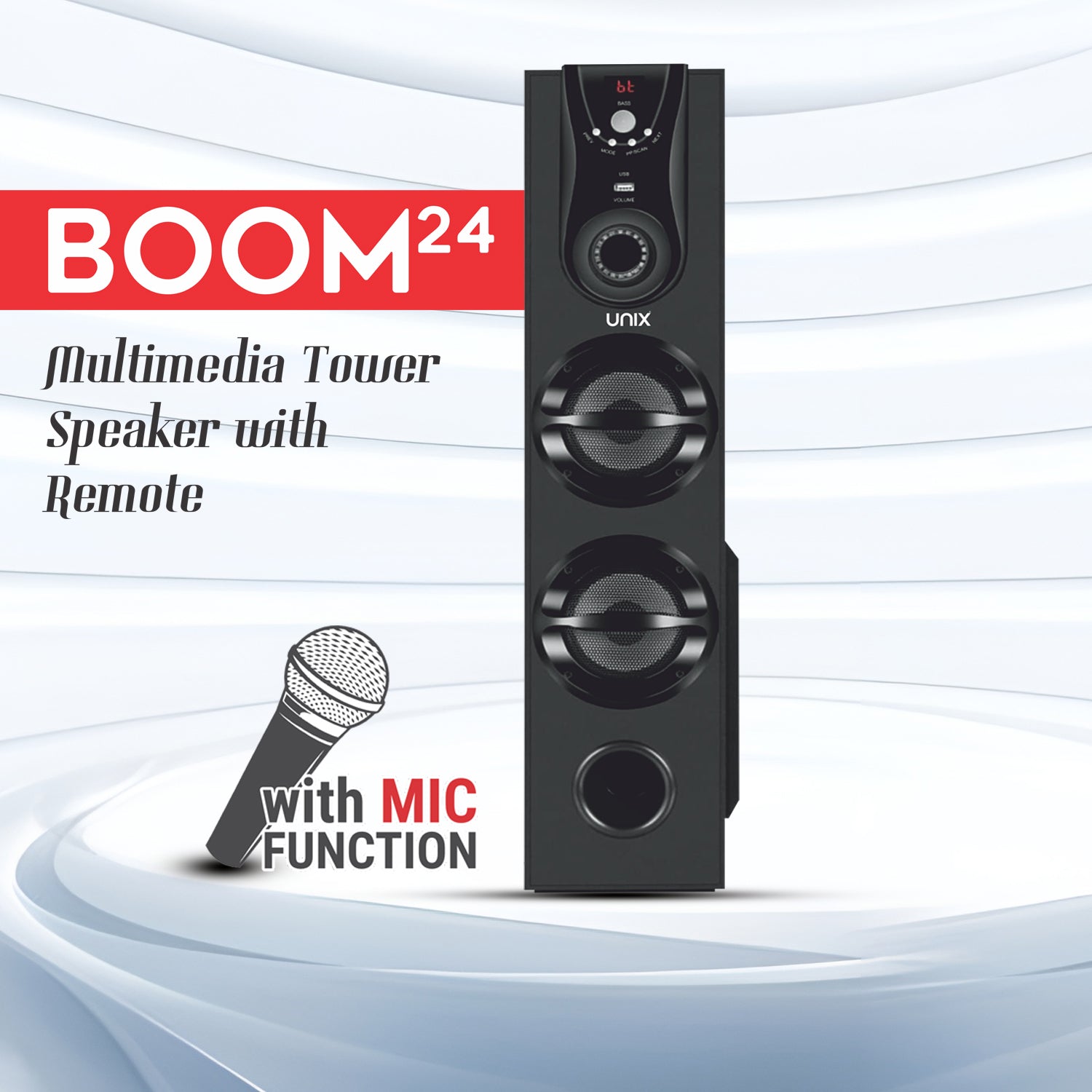 UNIX Boom 24 Sound Tower Speaker – 50W Power, Extra Bass Woofer, Multiple Connectivity & Remote