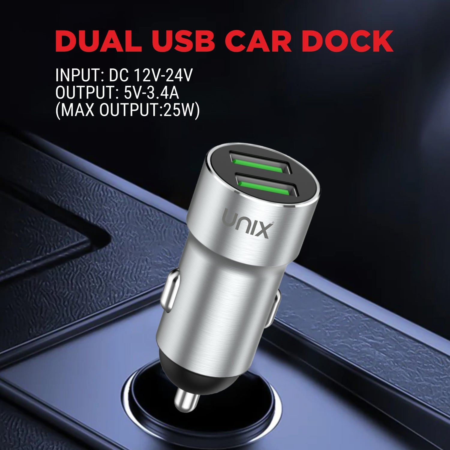 UNIX UX-C55 | 25W Dual USB Fast Charging Car Dock with Smart IC & Stylish Metal Finish