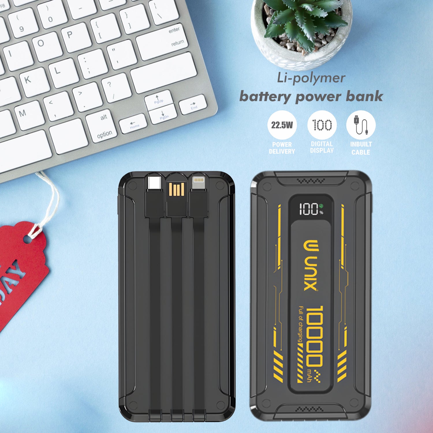 UNIX India UX-1527 10000mAh Power Bank with Inbuilt Cable, Digital Display, and Smart Chip - Unixindia.