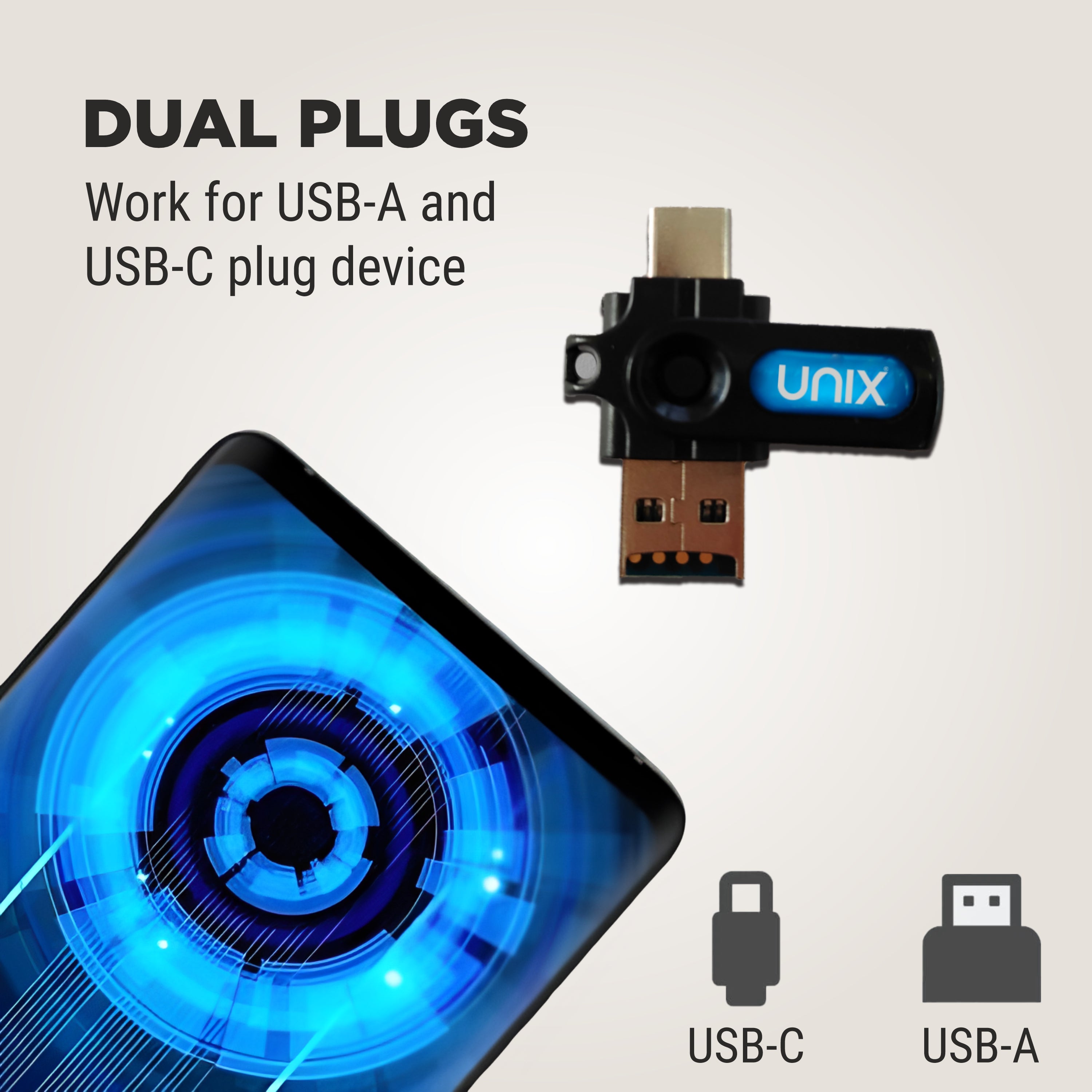 UNIX OT10 Dual Plug OTG + Card Reader | USB-A & Type-C | Hidden Slot Design
