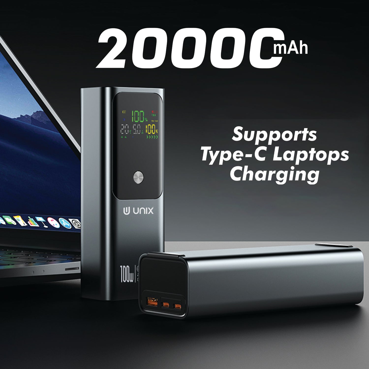 UNIX UX-1522 20000mAh Power Bank with 100W PD, Dual Type-C Ports & Digital Display - Unixindia.