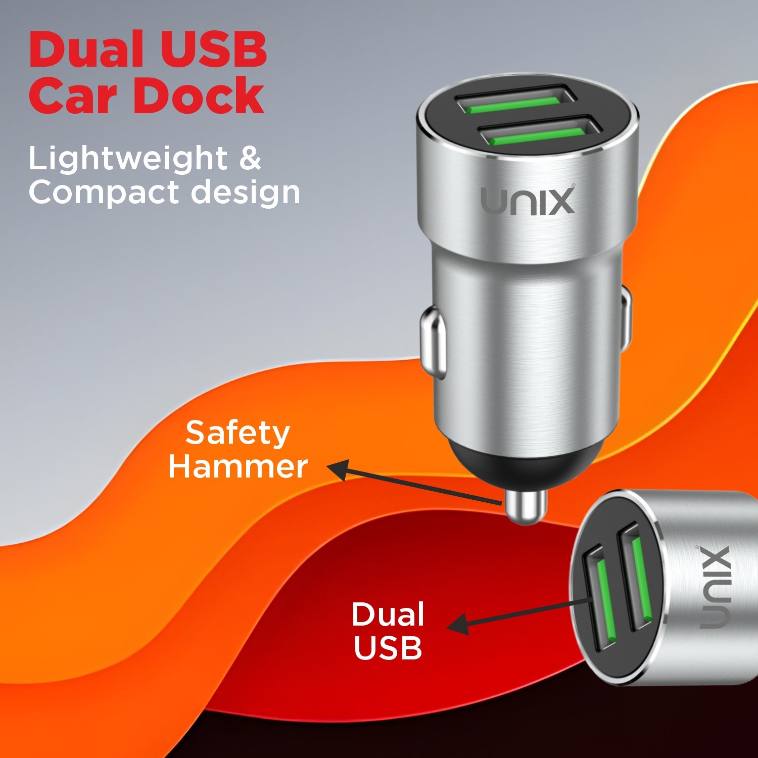 UNIX UX-C55 | 25W Dual USB Fast Charging Car Dock with Smart IC & Stylish Metal Finish