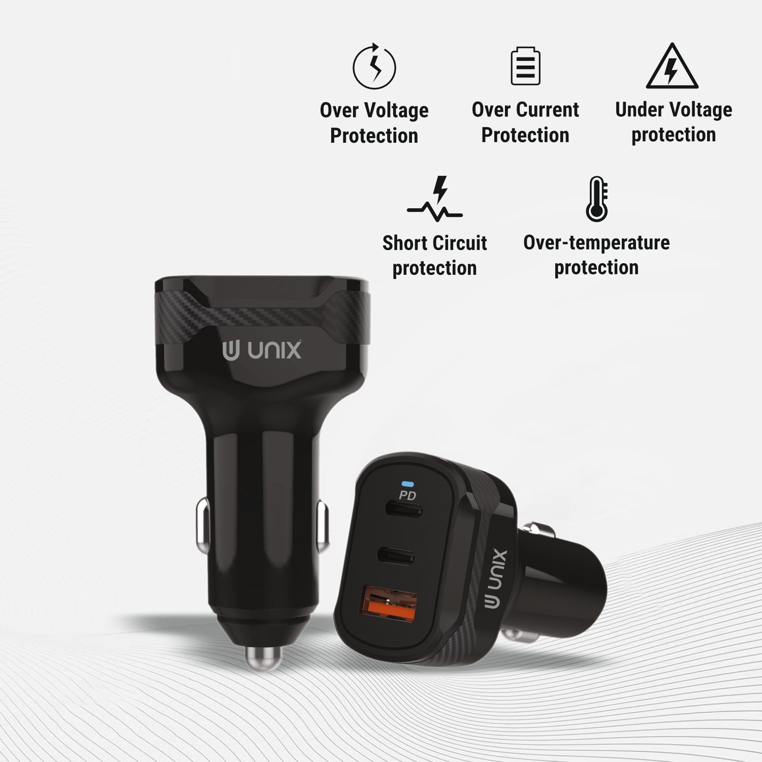 UNIX CC02 – 80W Triple Port Car Charger with PD & USB-A, Fast Charging & Multi-Protection