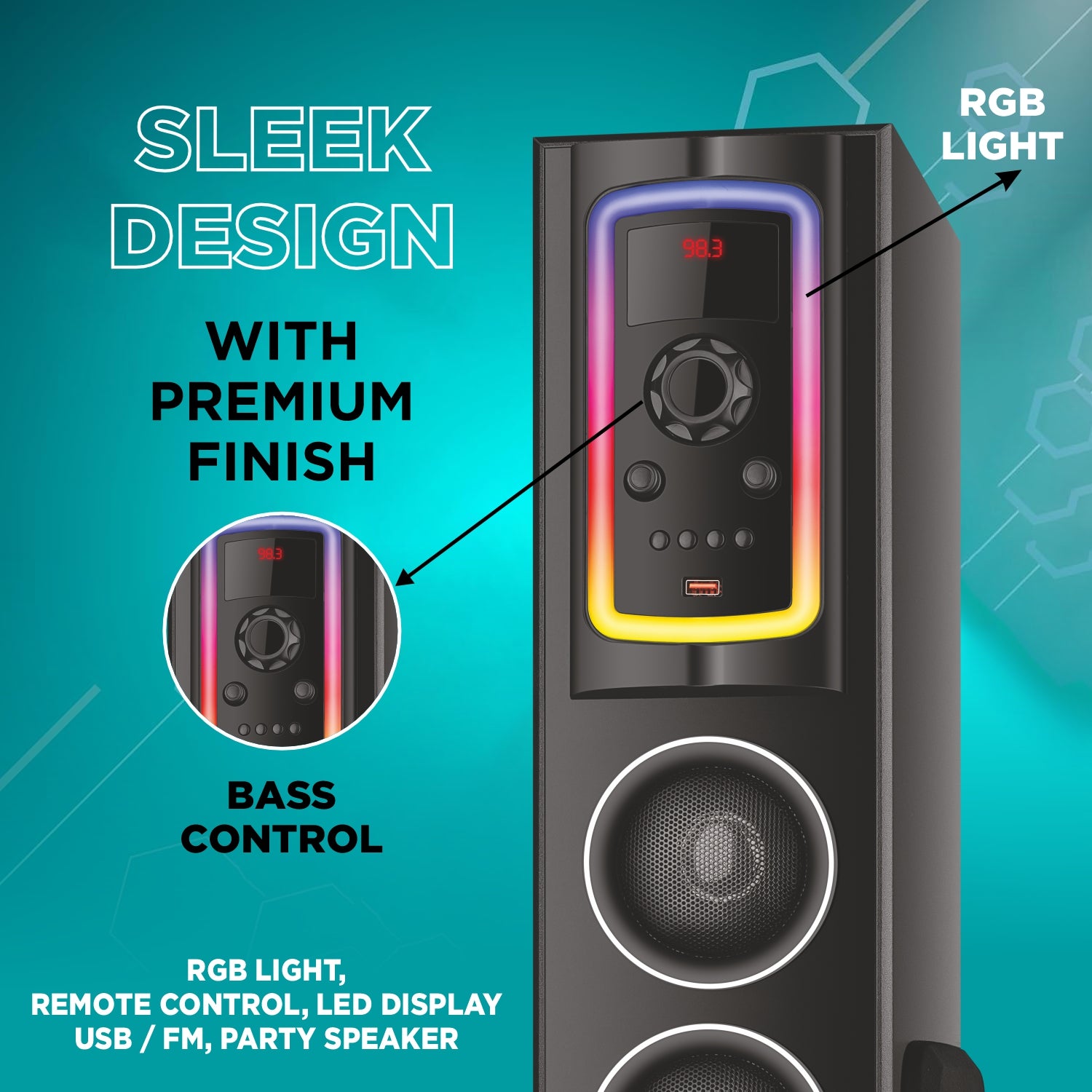 Unix Drake 60W Wireless Party Speaker – RGB Lights, Bass Control & Mic Support