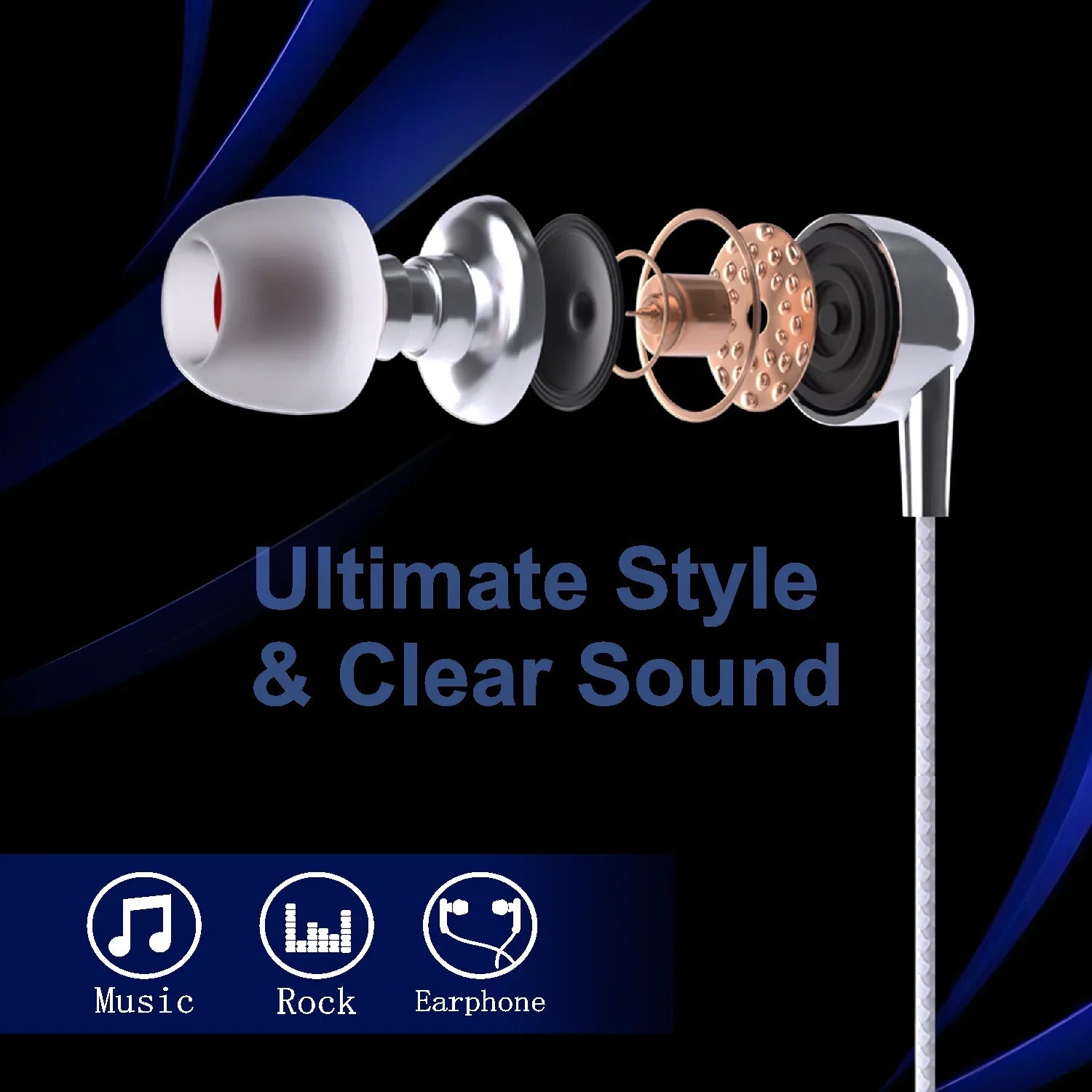 Close-up of earbuds with a dark background and text 'Ultimate Style & Clear Sound'.