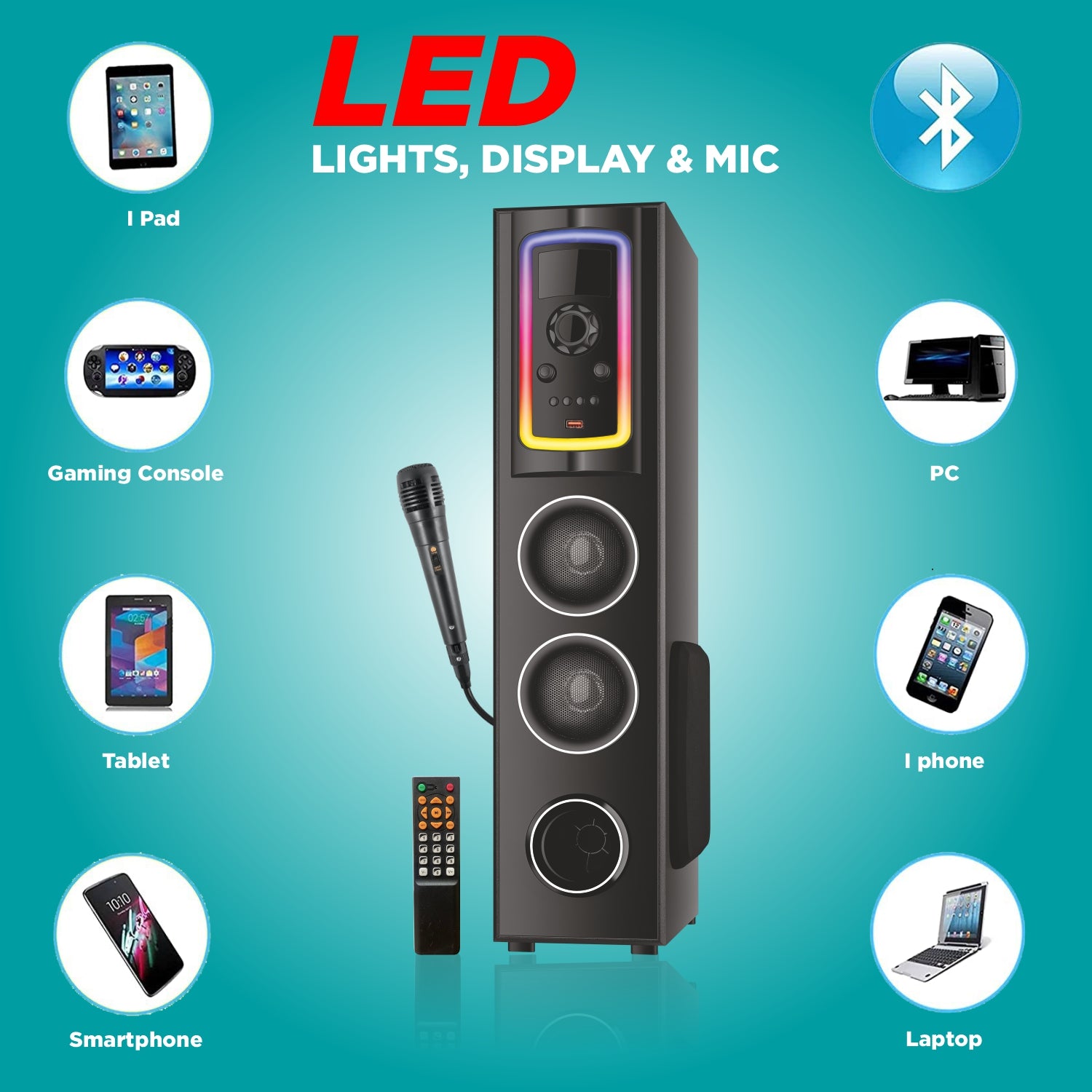 Unix Drake 60W Wireless Party Speaker – RGB Lights, Bass Control & Mic Support