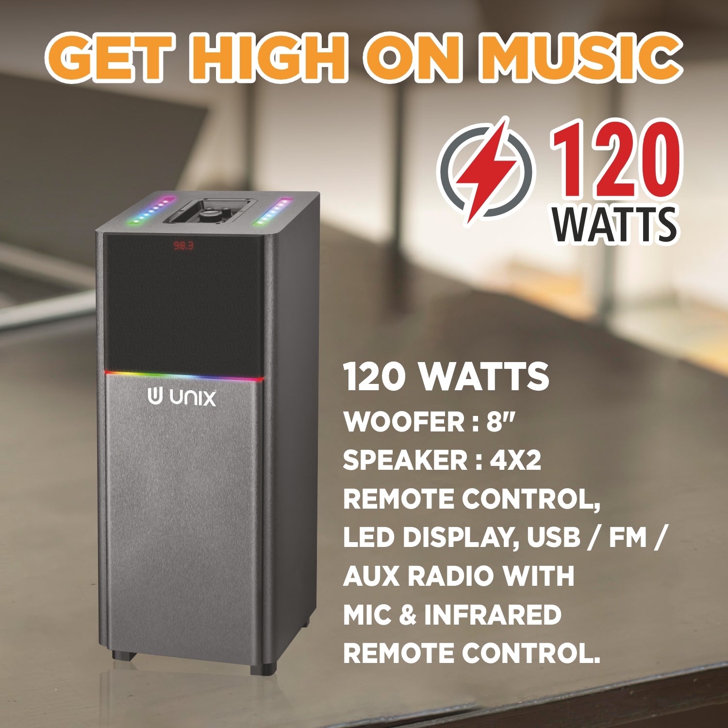 UNIX Meta 120W Super Bass Party Speaker with 8” Woofer, Wireless Mic, LED Display & Remote Control