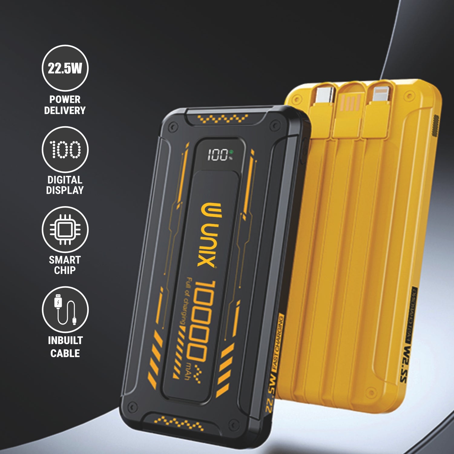 UNIX India UX-1527 10000mAh Power Bank with Inbuilt Cable, Digital Display, and Smart Chip