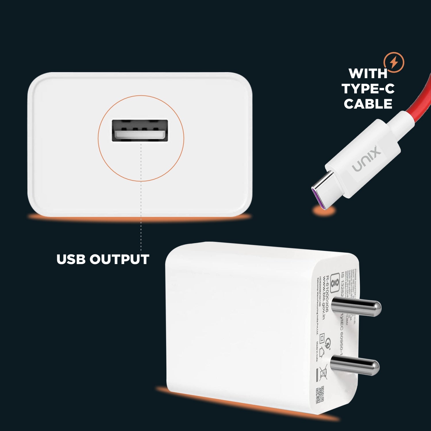 UNIX UX-129 44W ECO Series Fast Charger with Type-C Cable & 5-Layer Protection