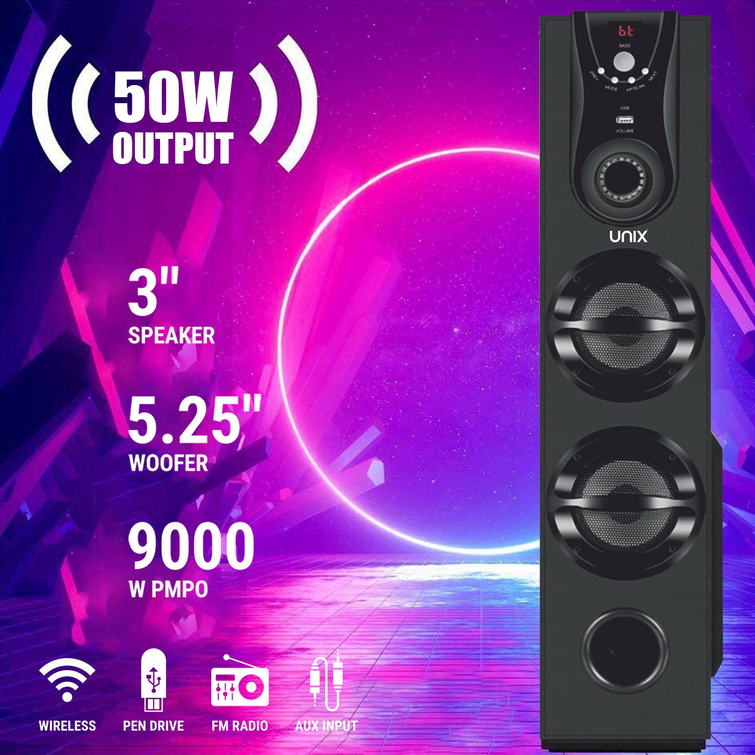 UNIX Boom 24 Sound Tower Speaker β 50W Power, Extra Bass Woofer, Multiple Connectivity & Remote