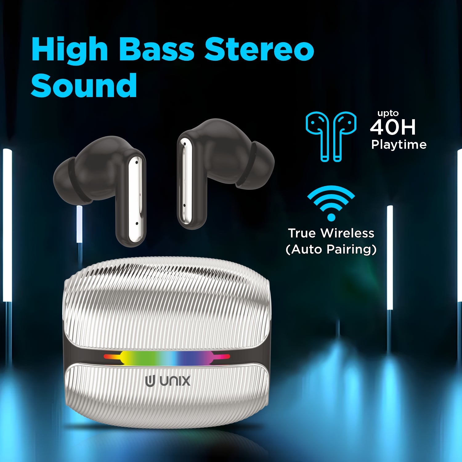 Unix Airbuds Z1 Waves – 40Hr Playtime, HD Bass, BT 5.4 True Wireless Earbuds