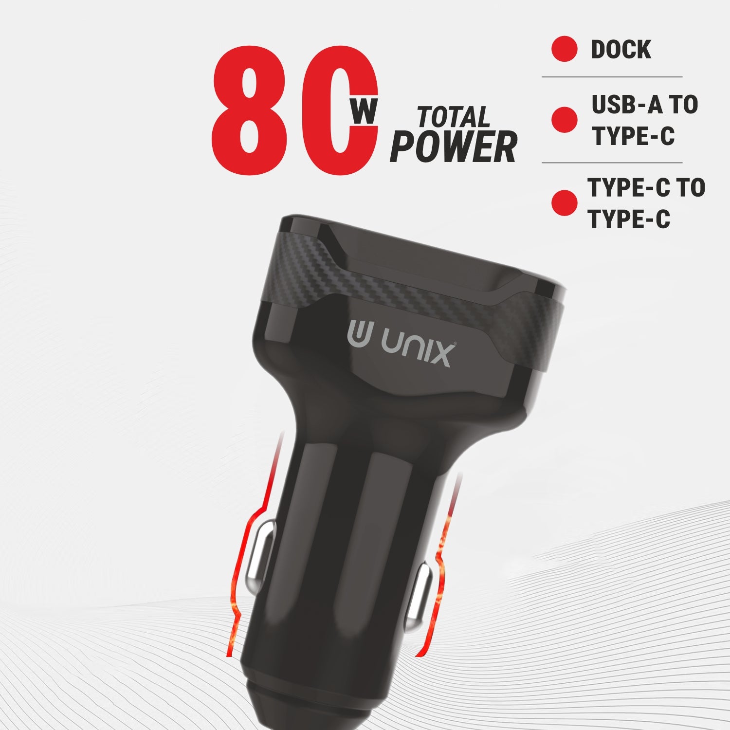 UNIX CC02 – 80W Triple Port Car Charger with PD & USB-A, Fast Charging & Multi-Protection