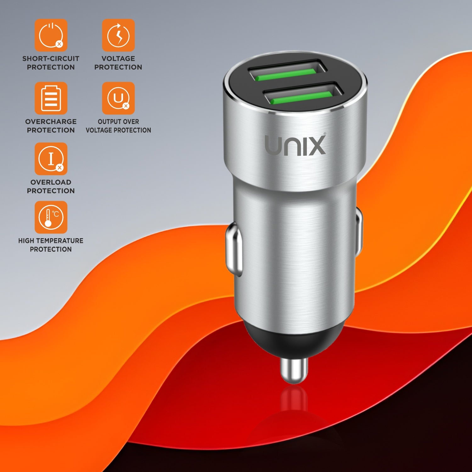 UNIX UX-C55 | 25W Dual USB Fast Charging Car Dock with Smart IC & Stylish Metal Finish