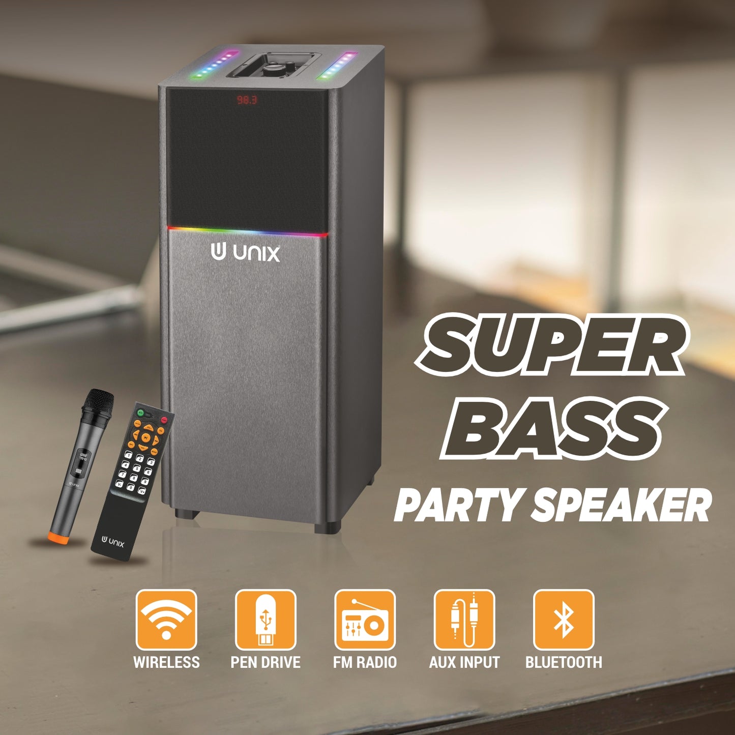 UNIX Meta 120W Super Bass Party Speaker with 8” Woofer, Wireless Mic, LED Display & Remote Control