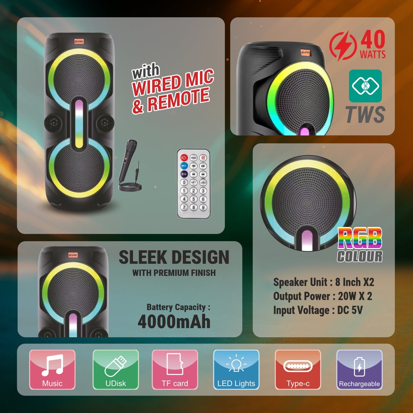 UNIX VEZ 40W Wireless Party Speaker