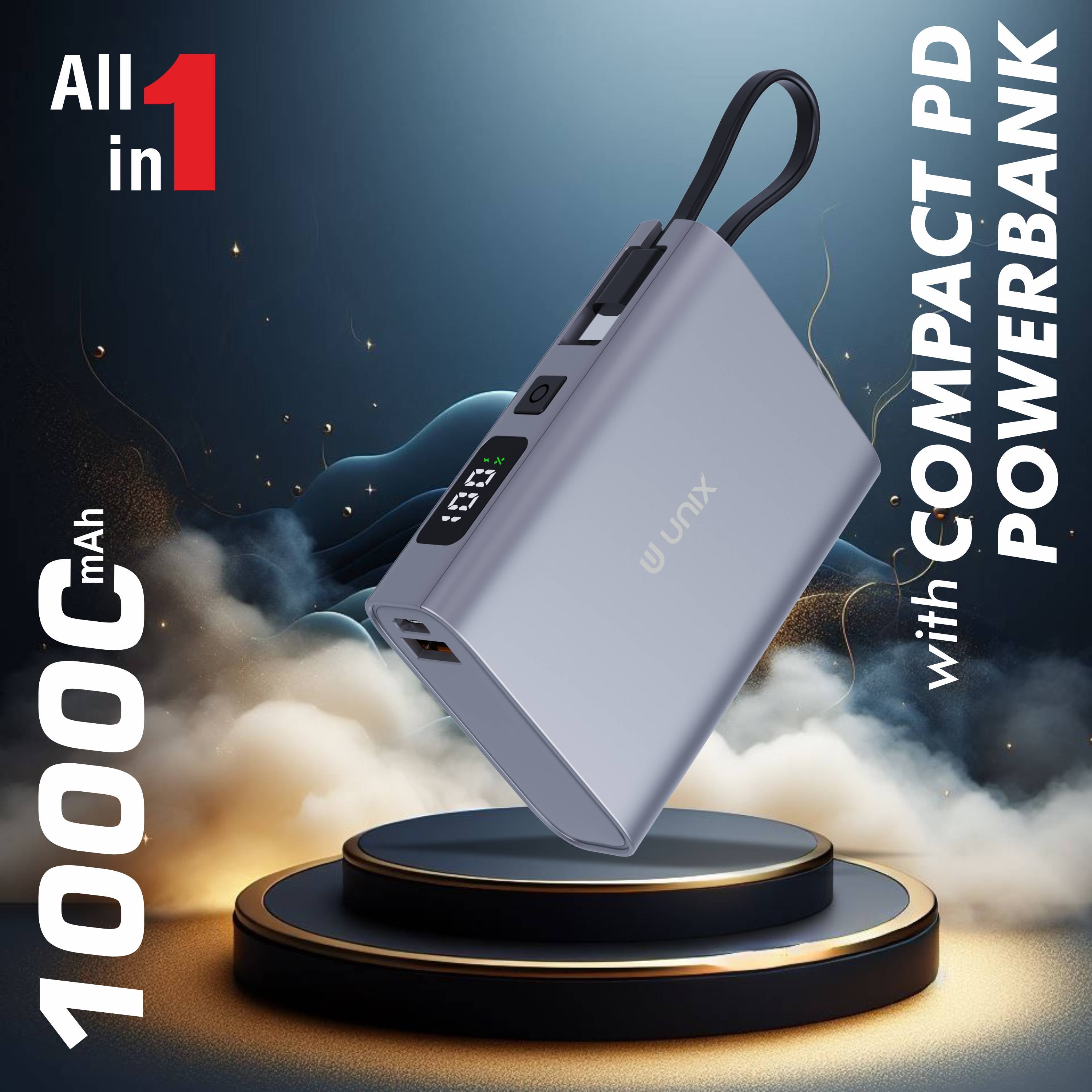 UNIX UX-1515 10000mAh Power Bank – Compact PD Fast Charging with Digital Display