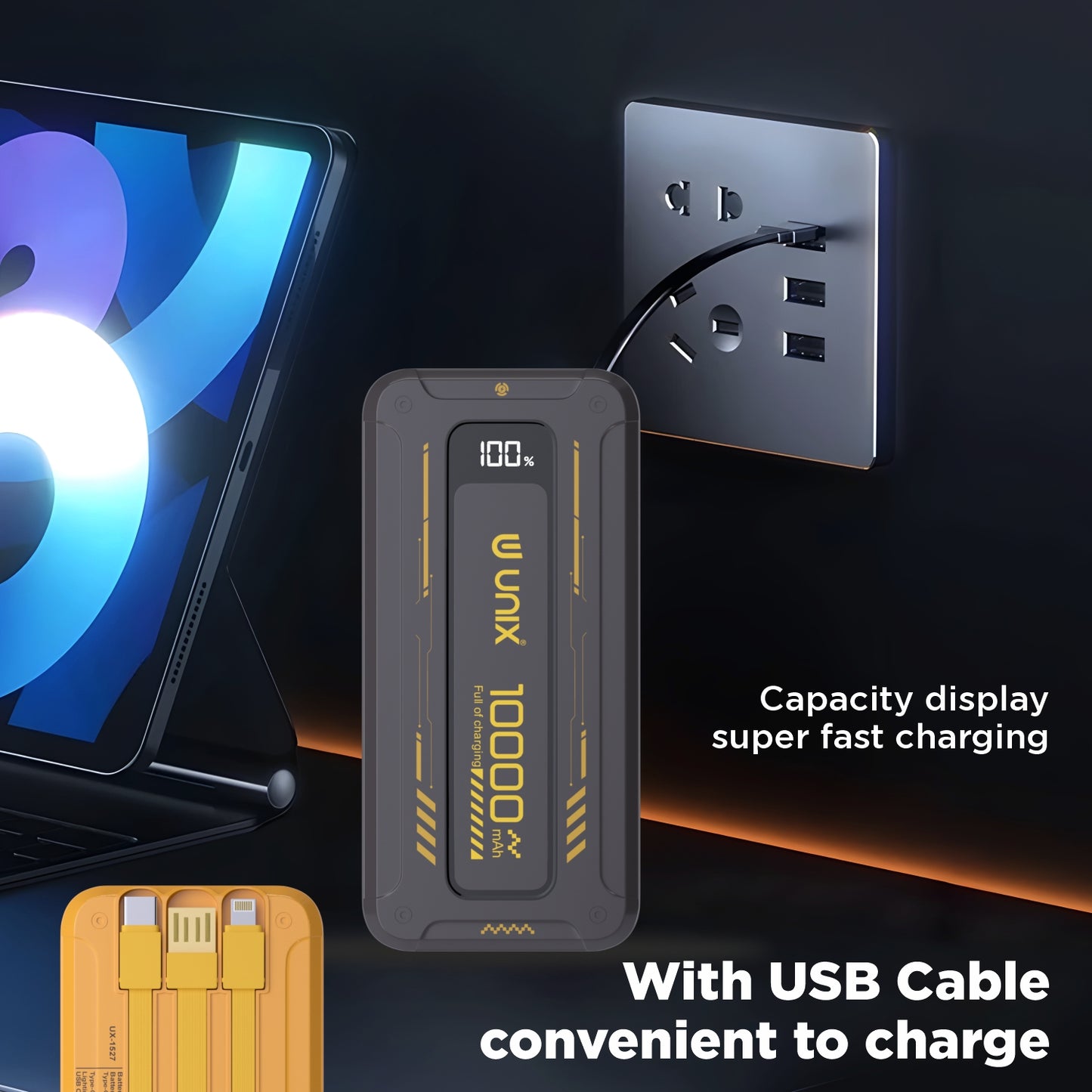 UNIX India UX-1527 10000mAh Power Bank with Inbuilt Cable, Digital Display, and Smart Chip