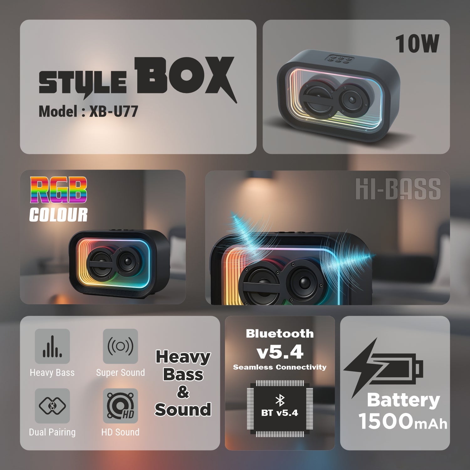 UNIX Style Box XB-U77 – 10W RGB Wireless Speaker with TWS Function & 1500mAh Battery