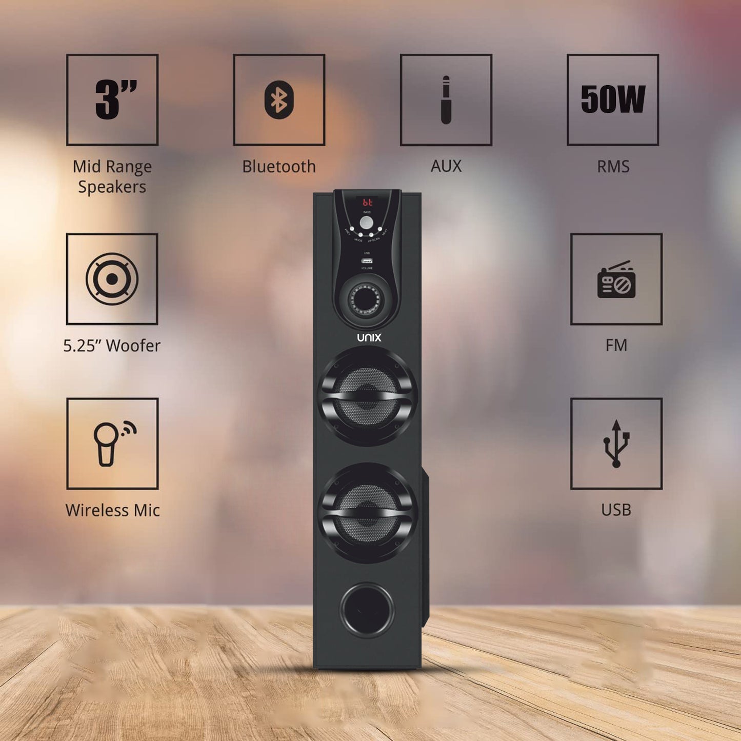 UNIX Boom 24 Sound Tower Speaker β 50W Power, Extra Bass Woofer, Multiple Connectivity & Remote