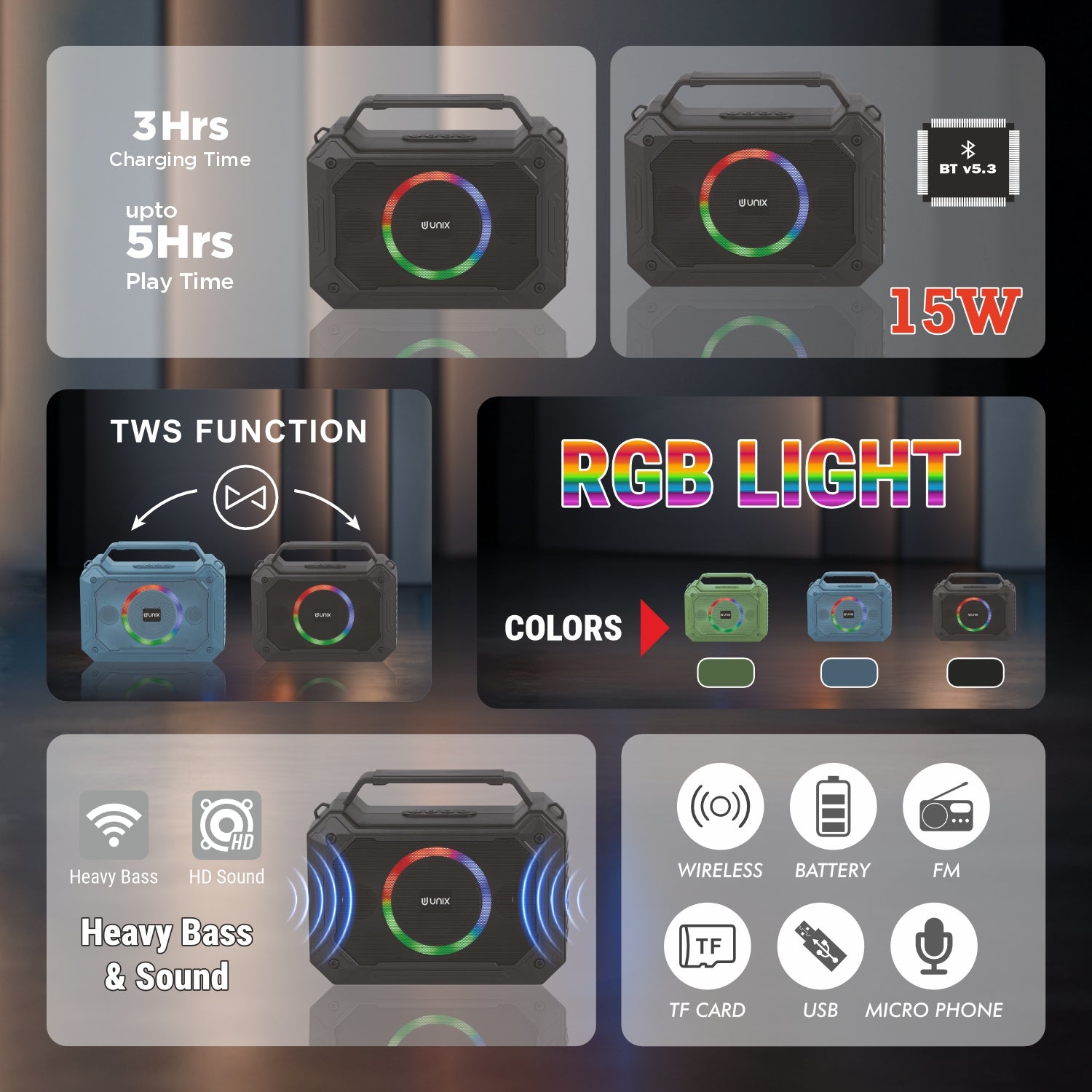 UNIX H Box XB-U88 – 15W RGB Wireless Speaker with TWS, FM Radio & Portable Design