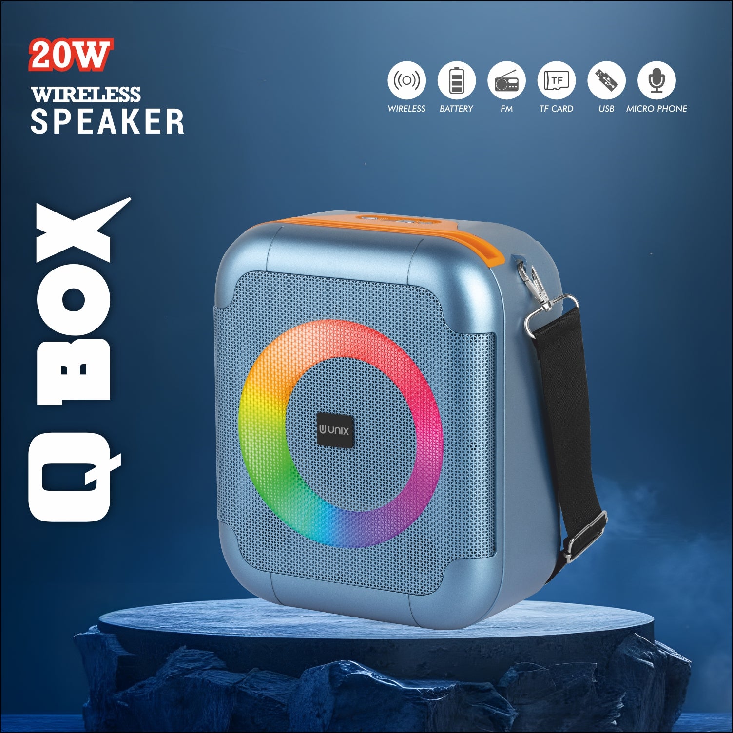 UNIX Q Box XB-U66 – 20W RGB Wireless Speaker with TWS, Super Bass & 15H Playtime