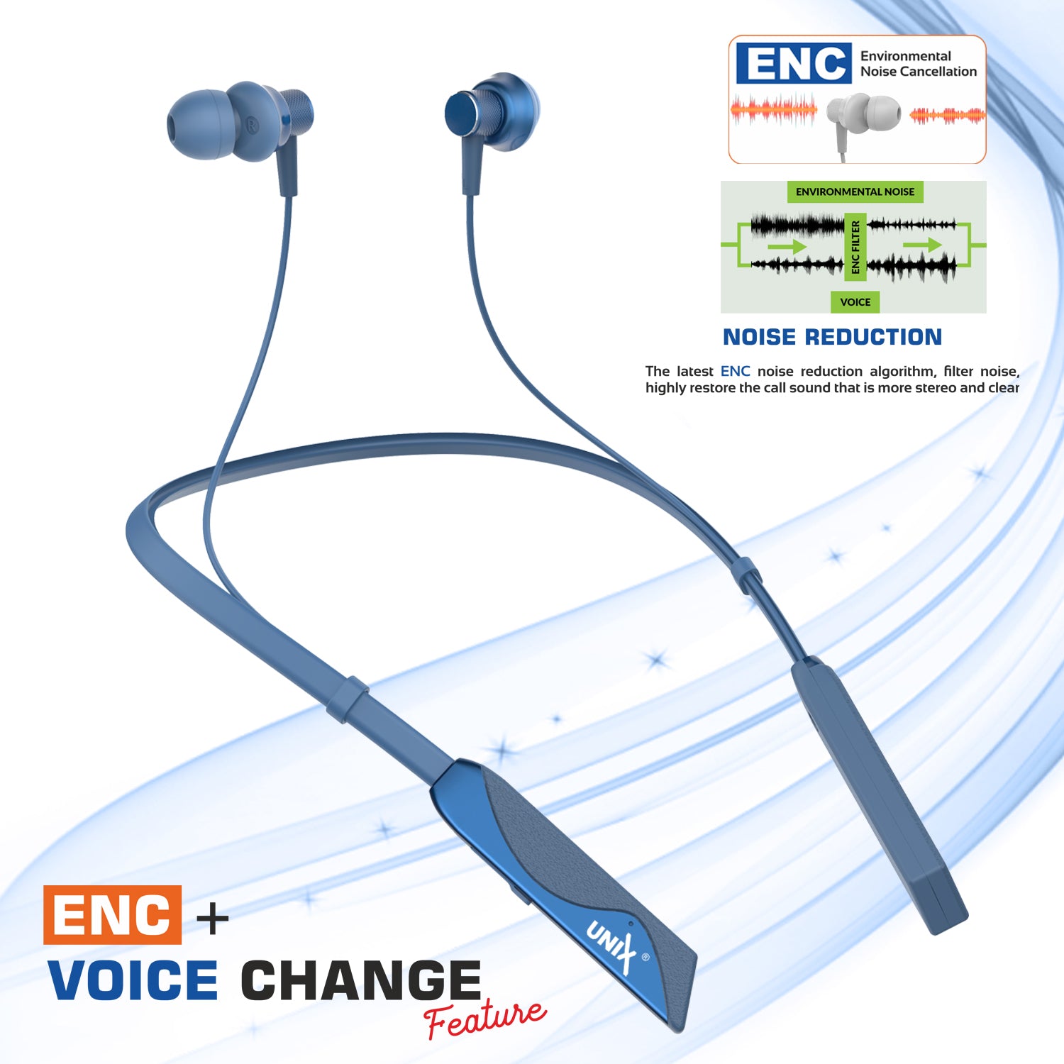 Unix Elite 1 Electro Wireless Neckband - Three Voice Change + ENC blue