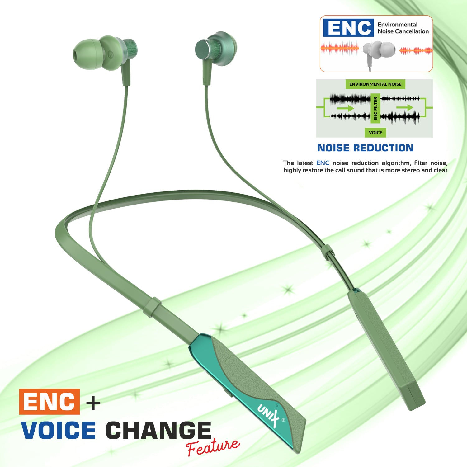 Unix Elite 1 Electro Wireless Neckband - Three Voice Change + ENC green