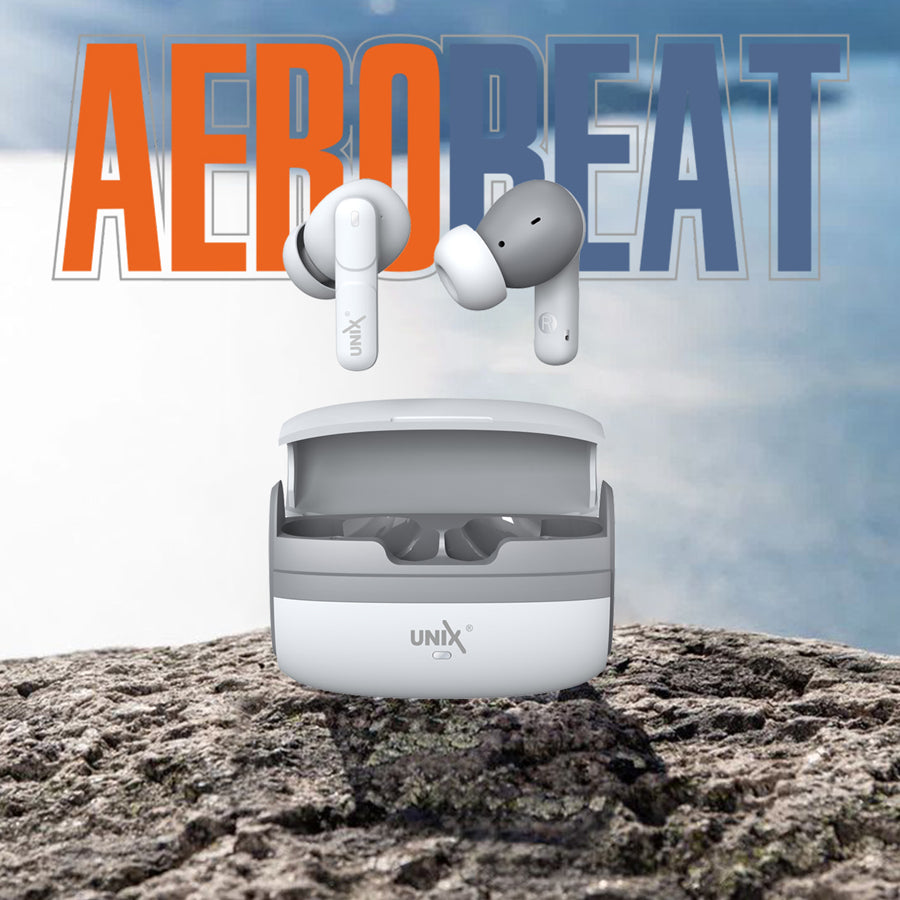 Unix UX-111 Aerobeat Wireless Earbuds | HD Sound, Long Battery Life White front