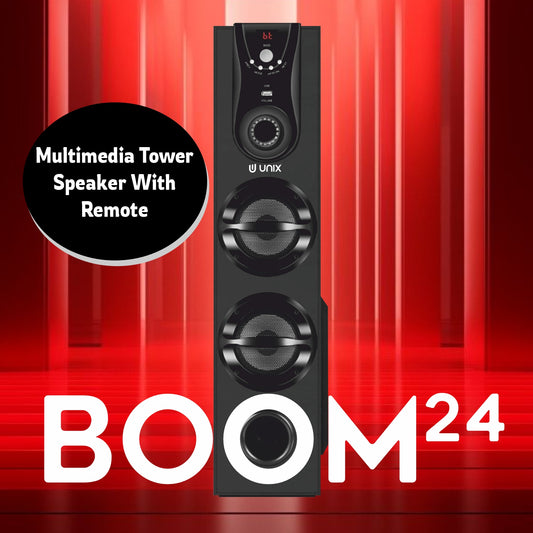 UNIX Boom 24 Sound Tower Speaker äóñ 50W Power, Extra Bass Woofer, Multiple Connectivity & Remote - Unixindia.