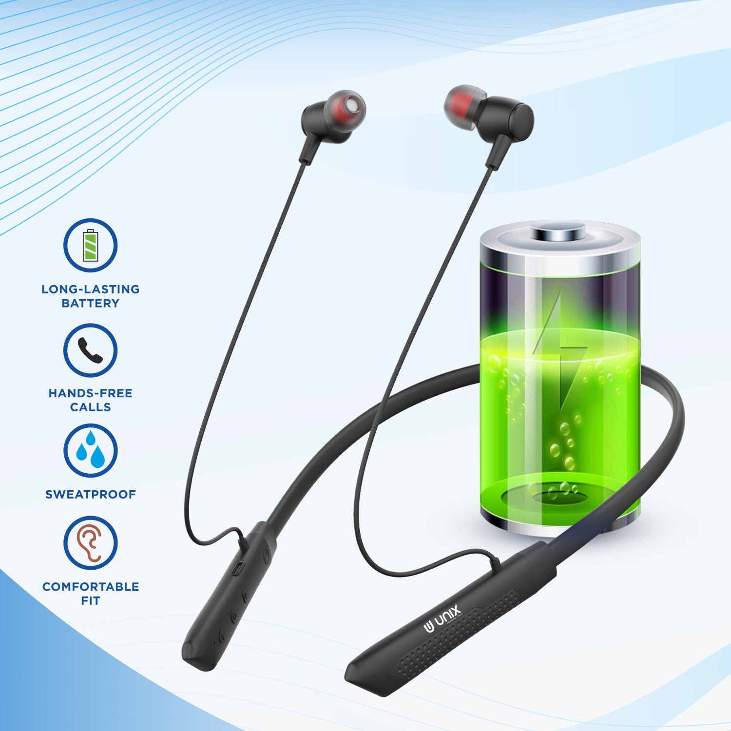 Unix UX-700 Horizon Wireless Neckband - Long Lasting Battery Life - Unixindia.