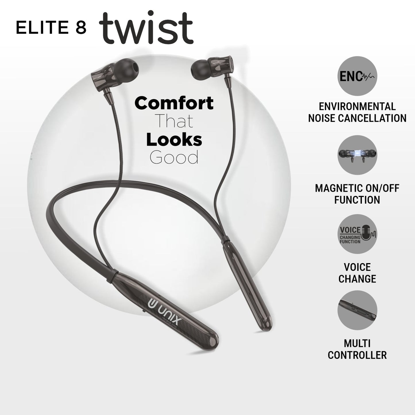 UNIX Elite 8 Twist Neckband with 68H Playtime Bass Equalizer