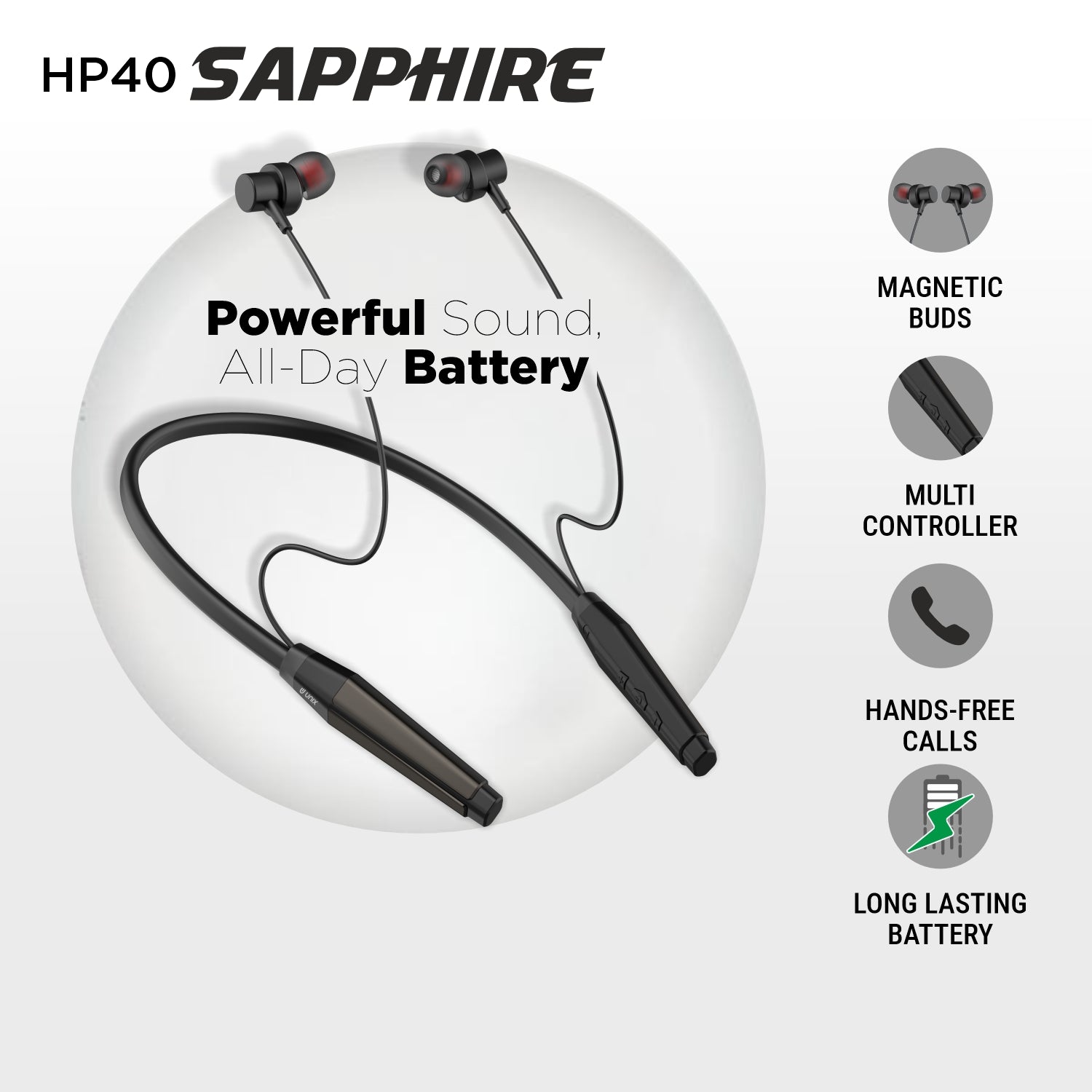 Unix HP-40 Sapphire Wireless Neckband - Long Battery Life, HD Sound