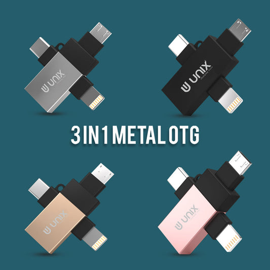 Unix UX-OT99 3 in 1 Metal OTG - Connect V8, Type-C, and Lightning - Unixindia.
