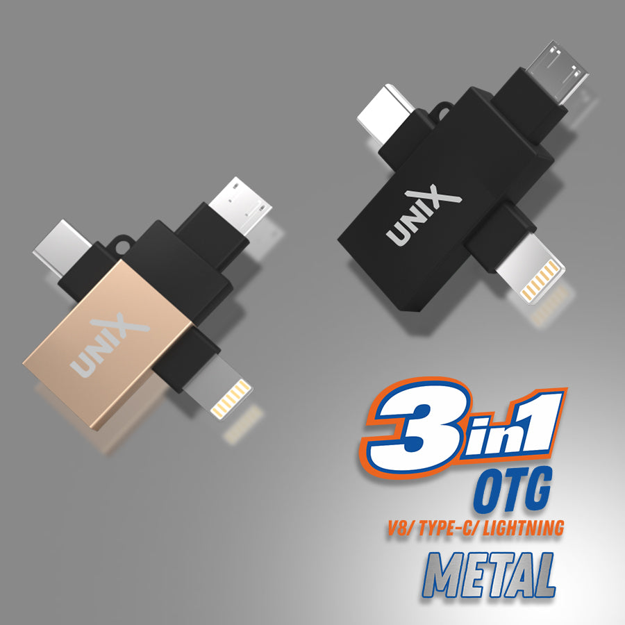 Unix UX-OT99 3 in 1 Metal OTG - Connect V8, Type-C, and Lightning up