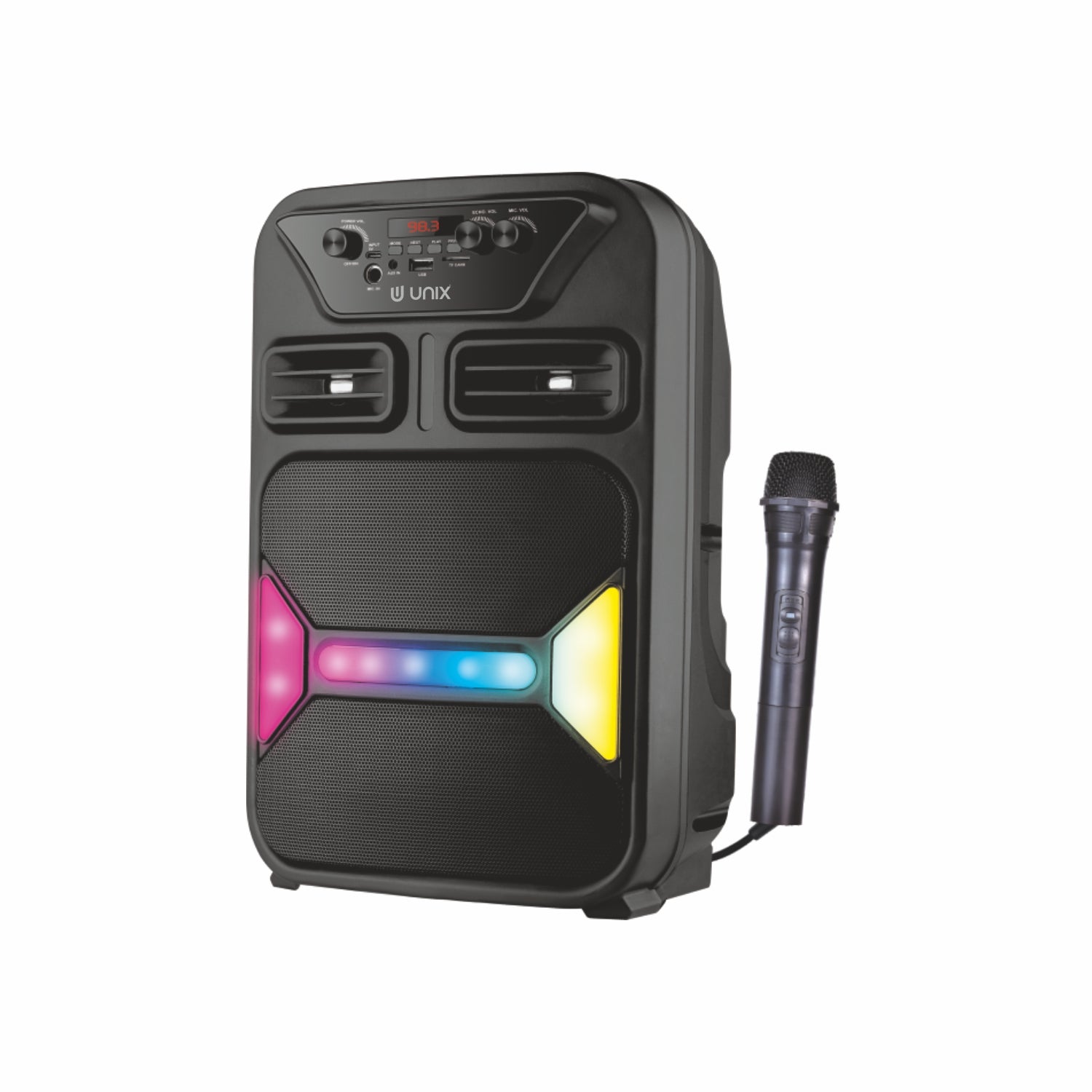 Unix Step Up 60W Wireless Party Speaker with Mic, RGB Lights, FM Radio & Deep Bass