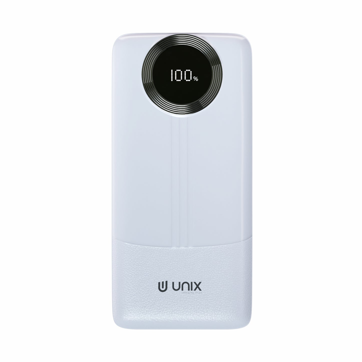 White power bank with digital display and 'UNIX' branding on a white background