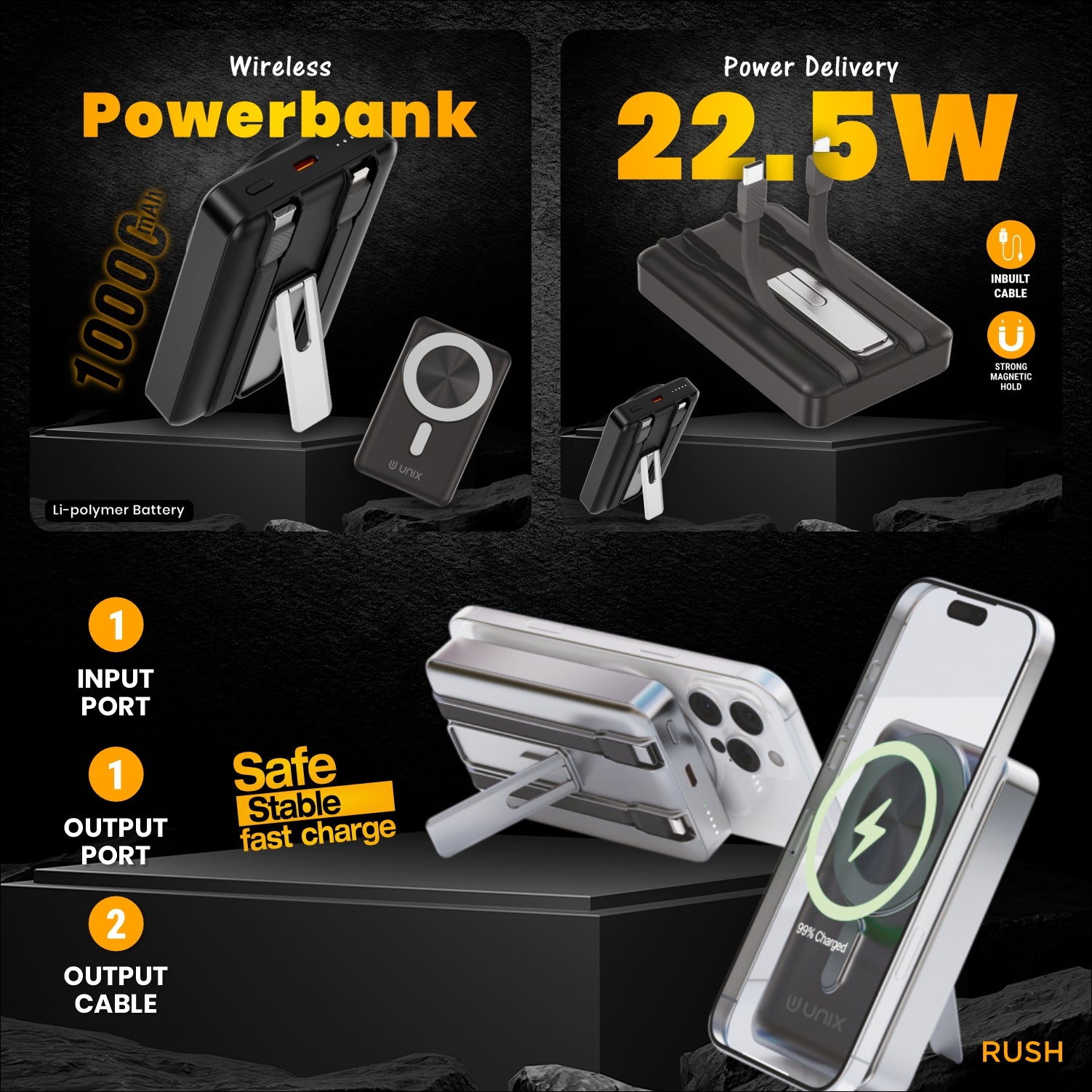 UNIX UX-1524 Rush 10000mAh Wireless Power Bank