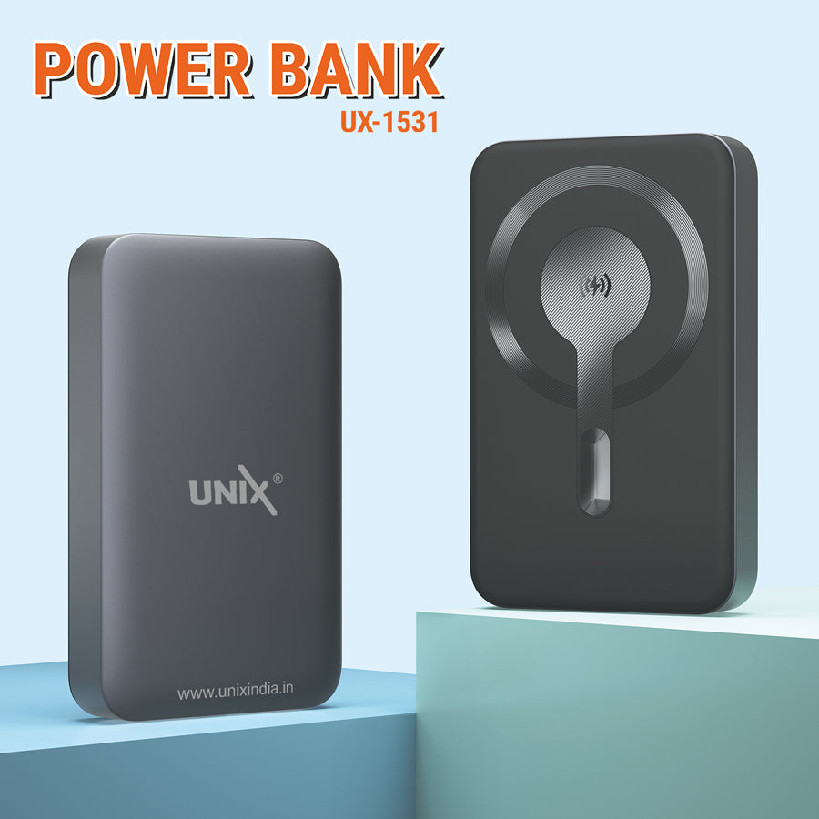 Unix UX-1531 10000mAh Power Bank - Fast Charging, Wireless Convenience, and Magnetic Hold Black front