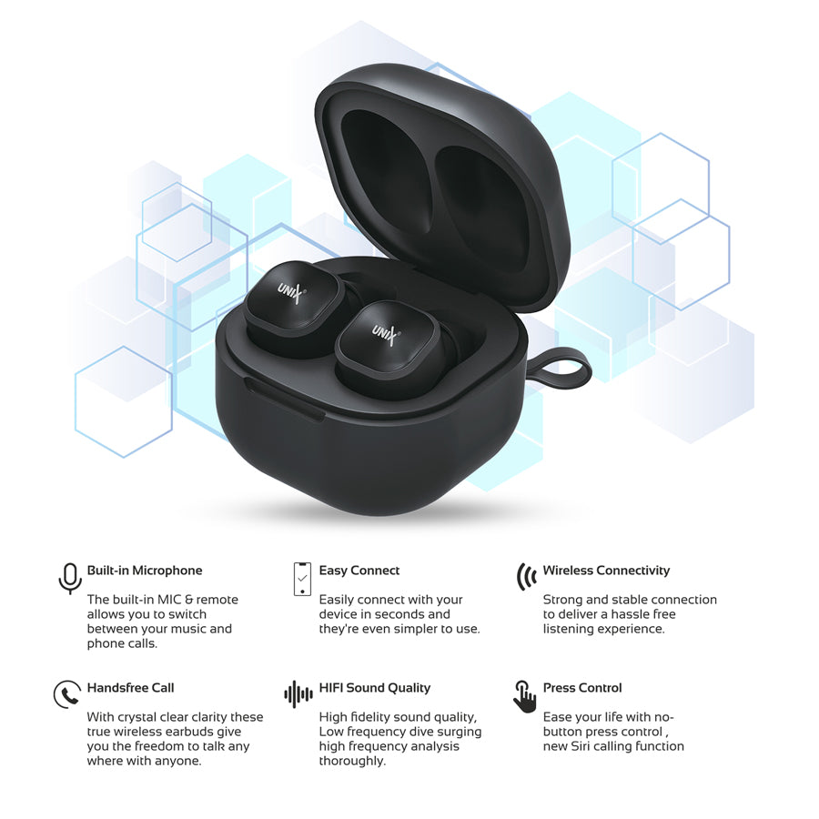 Unix UX-222 Opera Wireless Earbuds - Crystal Clear Calls and HIFI Sound Black 