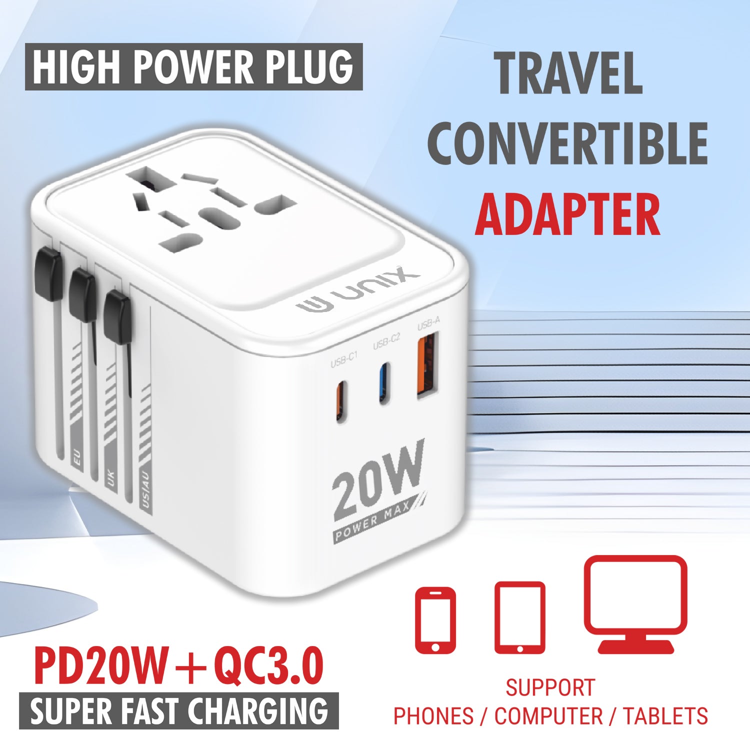 Unix UX230 - 20W Quick Charge Travel Adapter with PD20W + QC3.0 Super Fast Charging - Unixindia.
